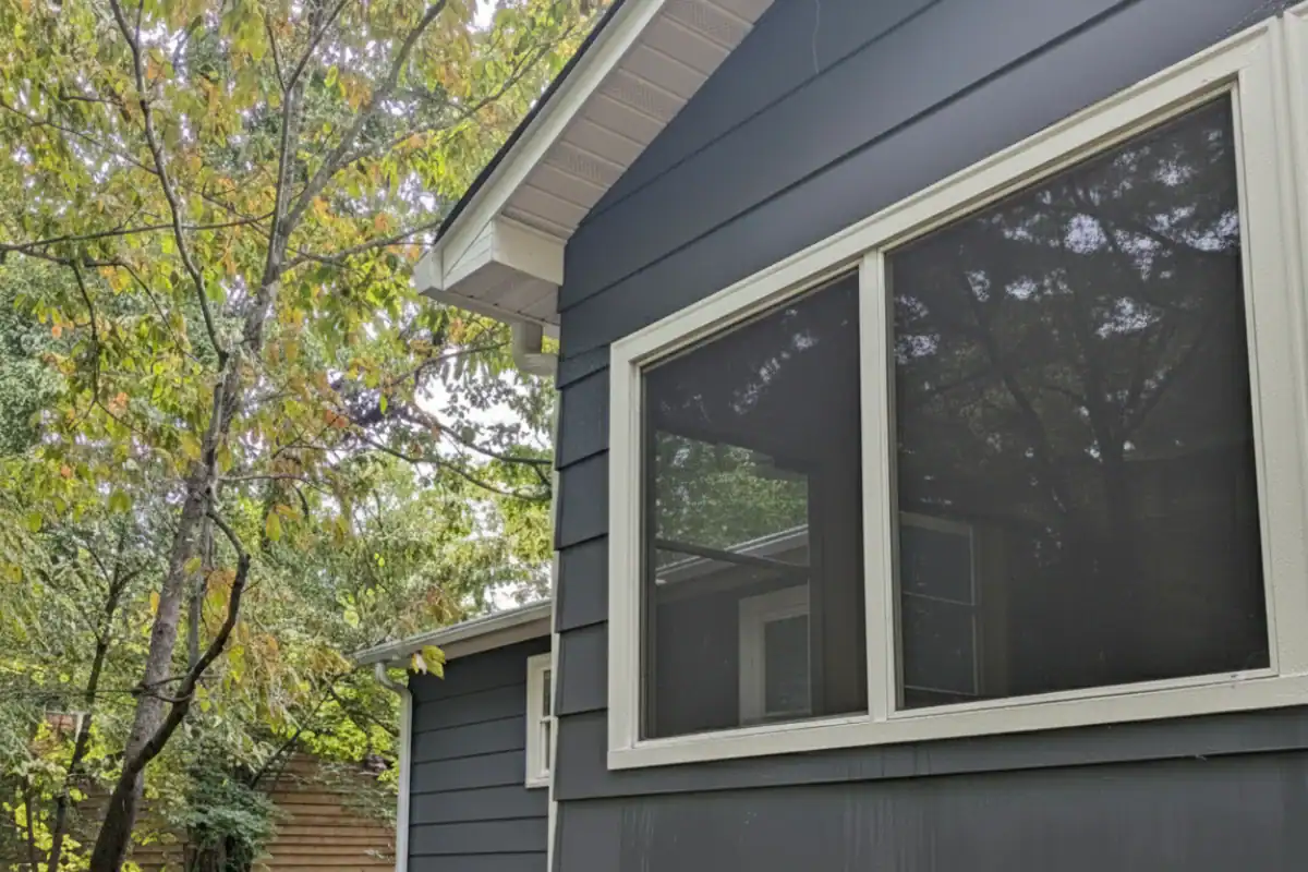 A close-up of a dark blue house with white trim, featuring two large screened windows. Green trees with dense foliage surround the house, and part of a wooden fence is visible in the background.