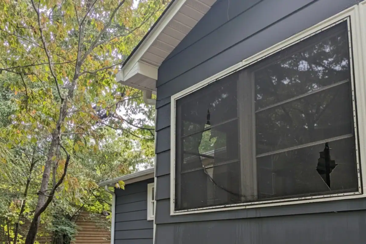 A dark gray house with white trim and a screened window is partially visible beside leafy green trees on an overcast day. A dark gray house with white trim and a screened window is partially visible beside leafy green trees on an overcast day.