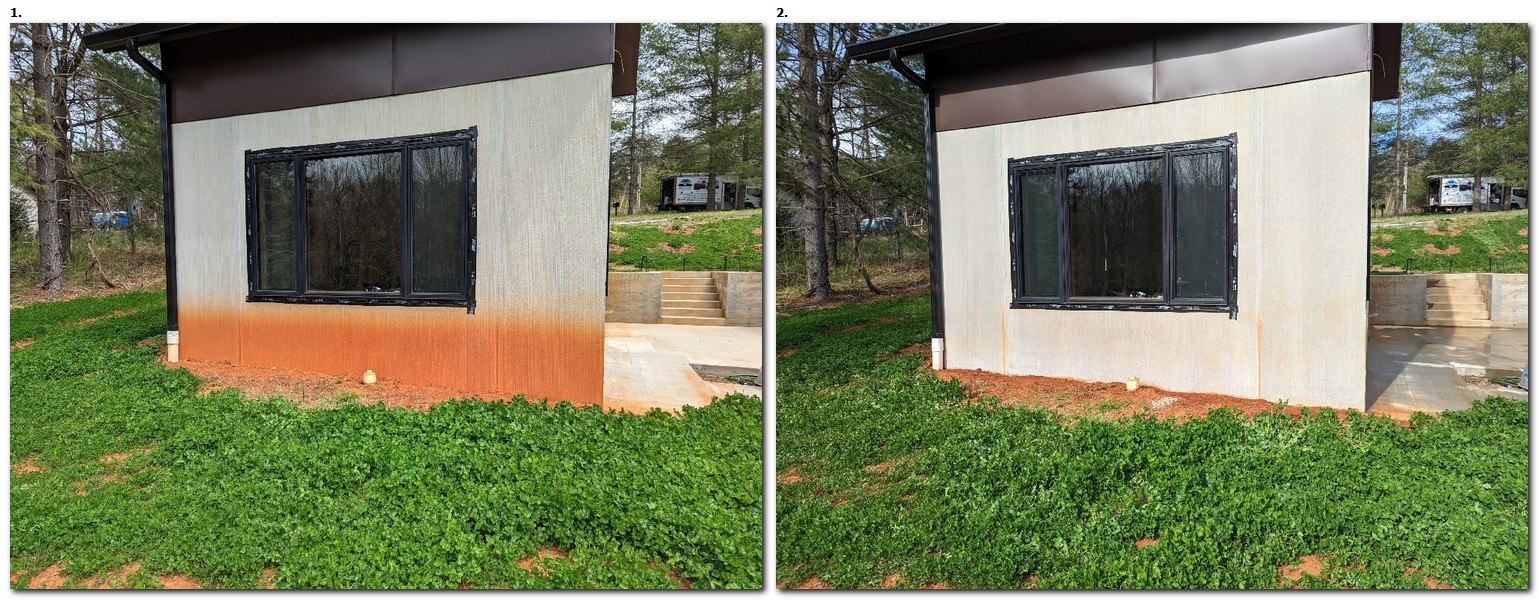 Side-by-side of a building wall before and after red clay stain removal, showing a cleaner surface.