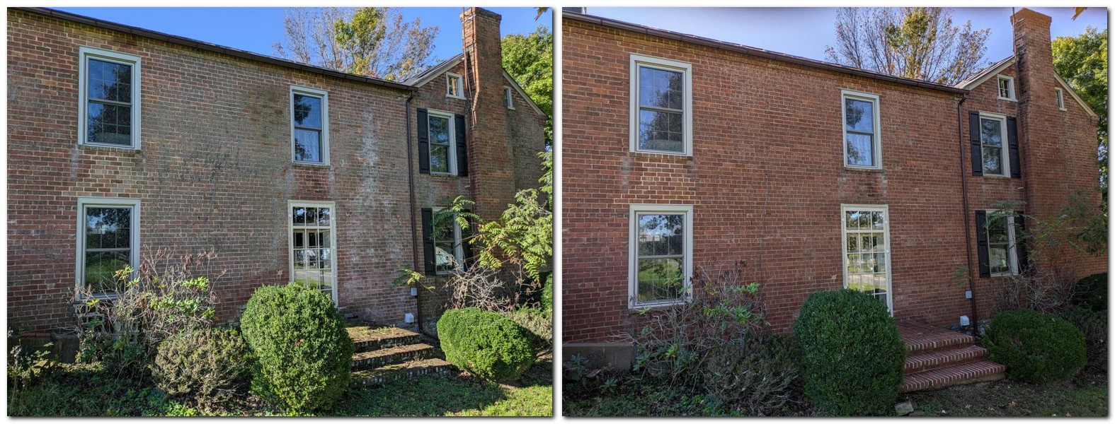 Side-by-side comparison of a brick house exterior highlights the impact of historic home exterior cleaning—the left shows dirty, stained bricks, while the right reveals a bright, stain-free wall with vibrant greenery in front.